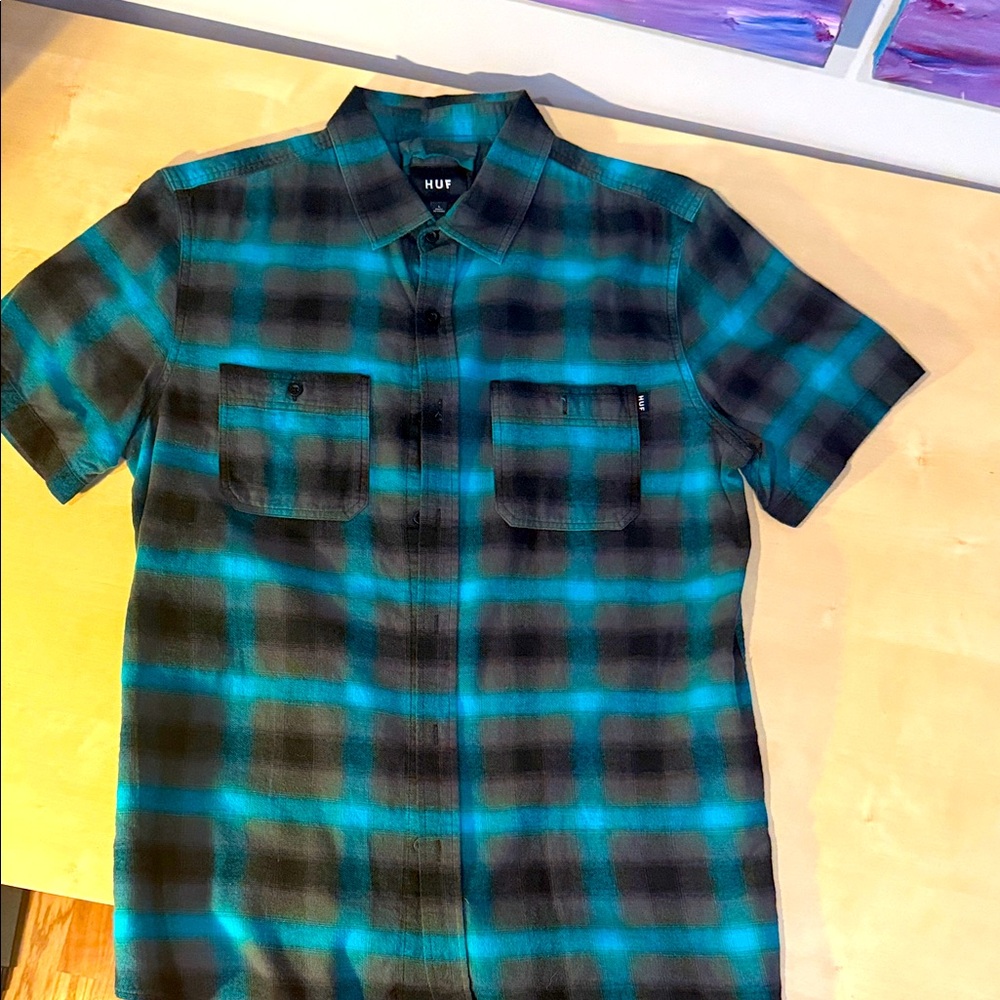 HUF Men's Blue and Black Plaid Shirt